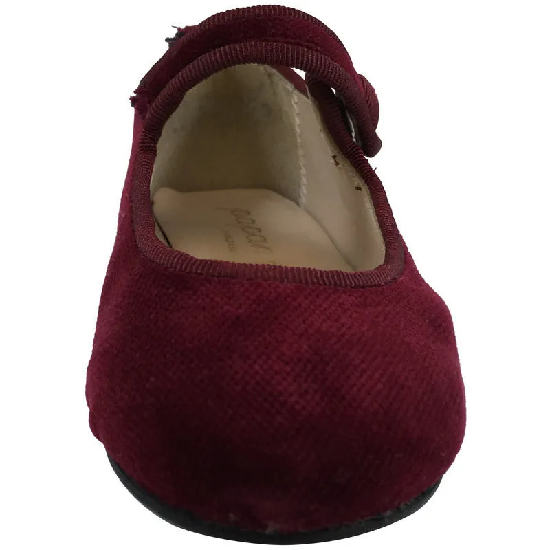 Papanatas by Eli Girl's Velvet Burgundy Classic Snap Buckle Mary Janes Flats