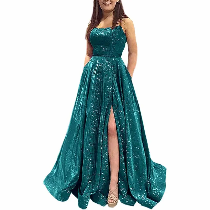 Prom Dresses Glitter Long A Line with Pockets Formal Evening Ball Gowns