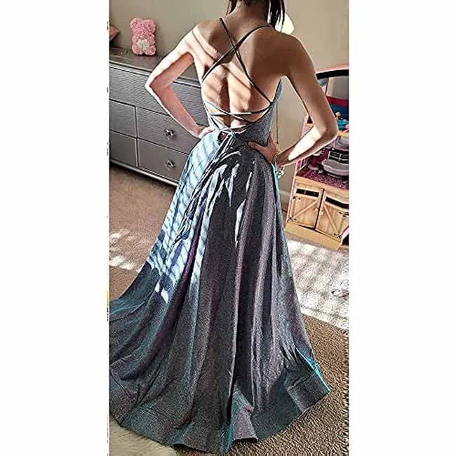 Prom Dresses Glitter Long A Line with Pockets Formal Evening Ball Gowns