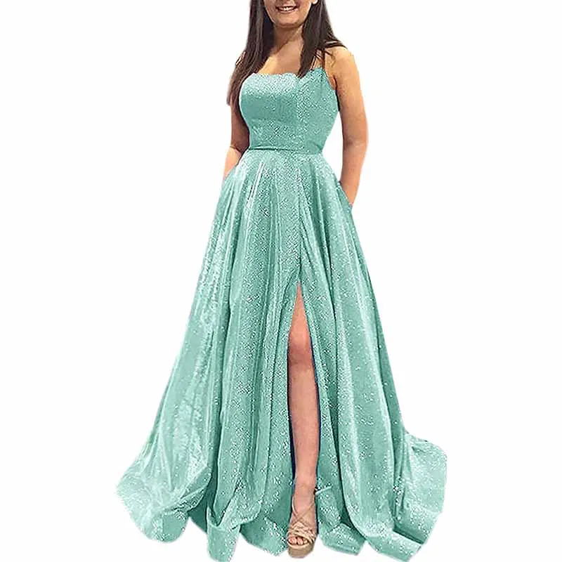 Prom Dresses Glitter Long A Line with Pockets Formal Evening Ball Gowns