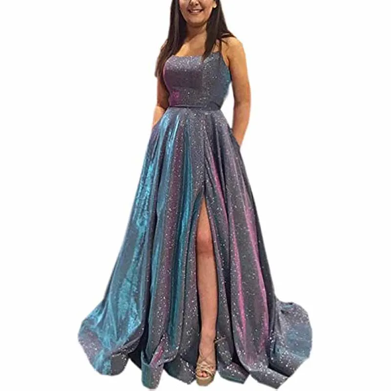 Prom Dresses Glitter Long A Line with Pockets Formal Evening Ball Gowns