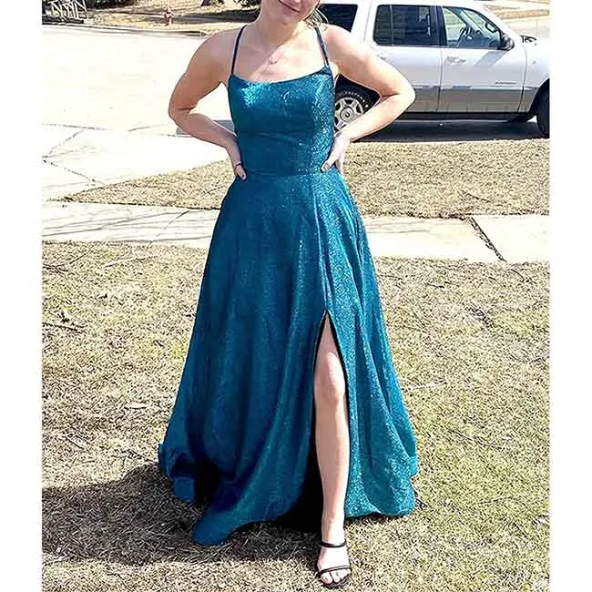 Prom Dresses Glitter Long A Line with Pockets Formal Evening Ball Gowns