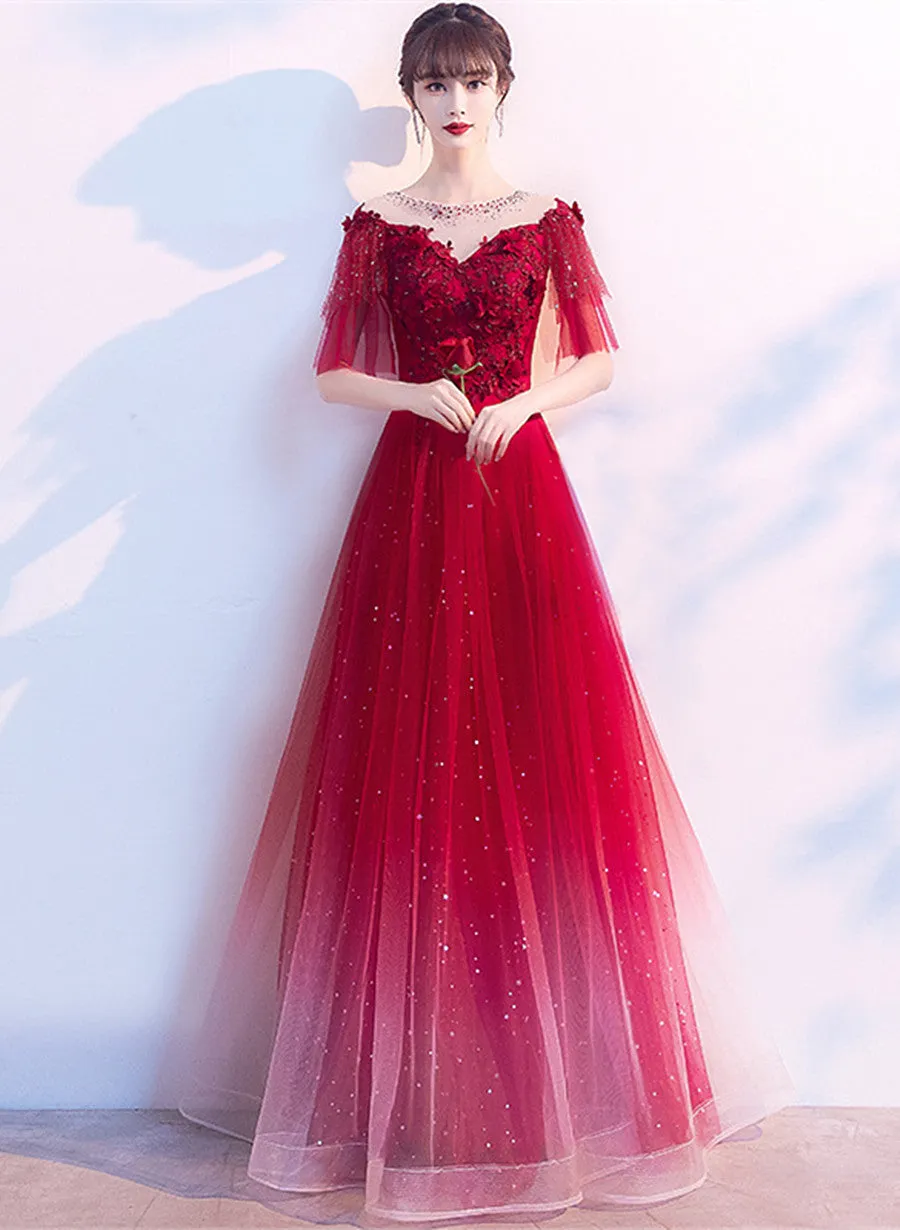 Red Gradient Tulle A-line Long Party Dress, Round Neckline Prom Dress Formal Dress