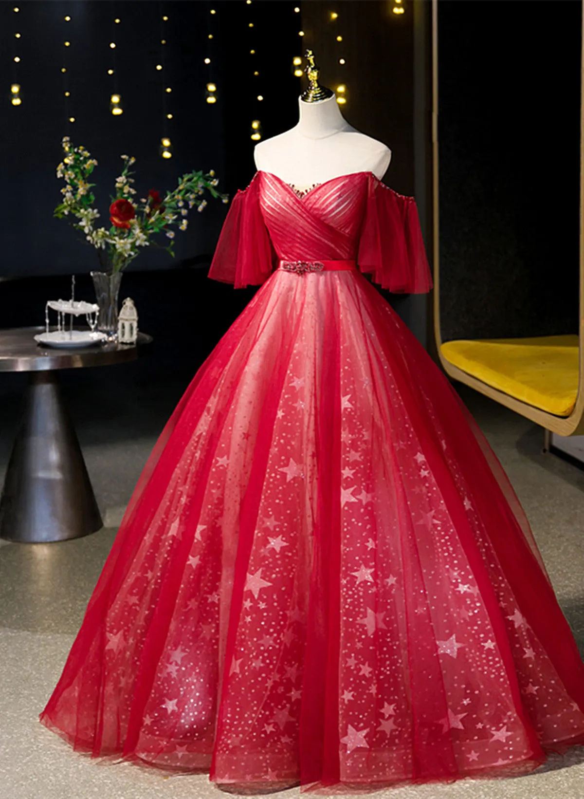 Red Off Shoulder Tulle Long Formal Dress, Red Sweetheart Ball Gown Sweet 16 Dress