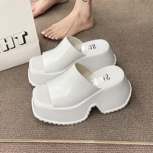 Retro Platform Slides for Women, Stylish Heeled Slippers, White Glossy Creeper Heels, Pink Peep Toe Platform Pumps, Square Toe Shoes