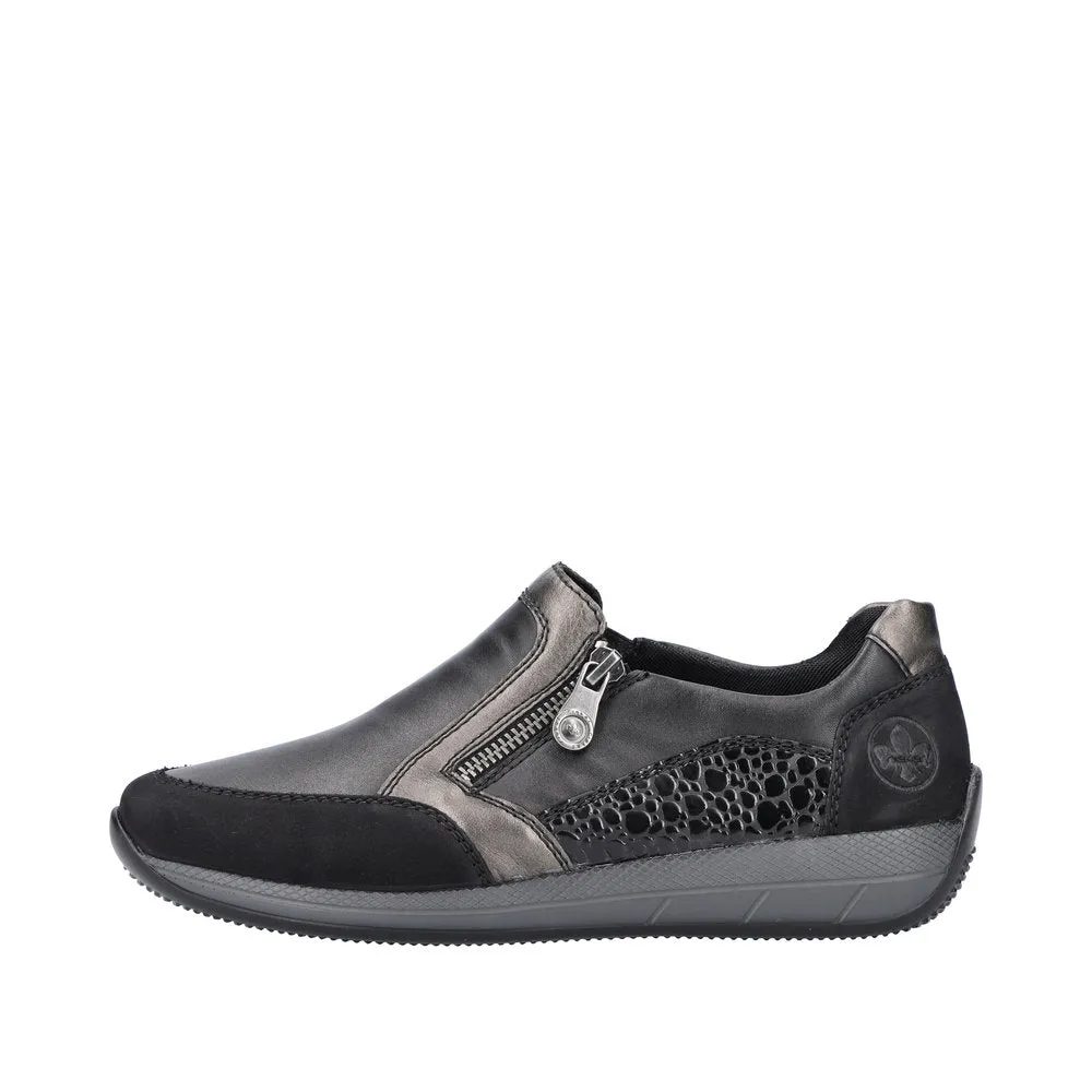 Rieker N1151-00 Ladies Black Leather & Textile Side Zip Shoes