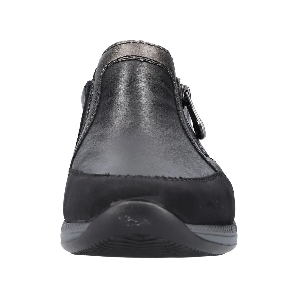 Rieker N1151-00 Ladies Black Leather & Textile Side Zip Shoes