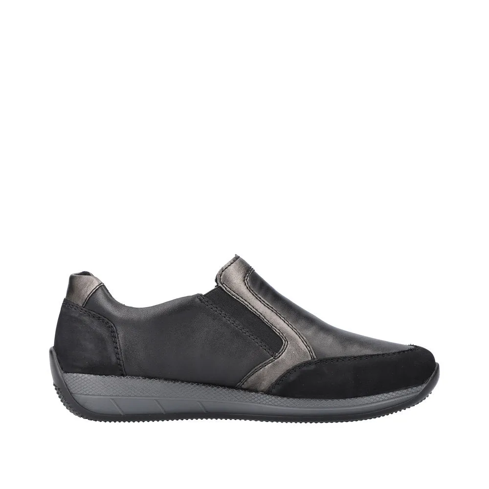 Rieker N1151-00 Ladies Black Leather & Textile Side Zip Shoes