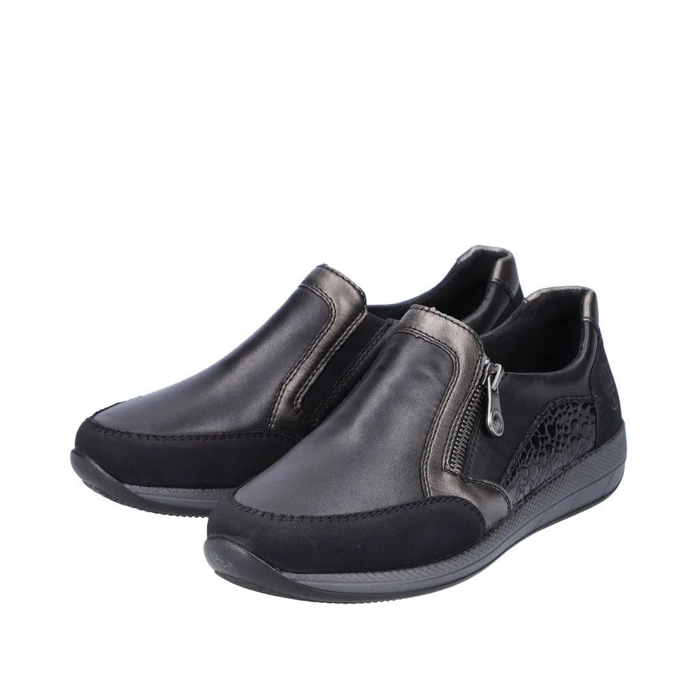 Rieker N1151-00 Ladies Black Leather & Textile Side Zip Shoes