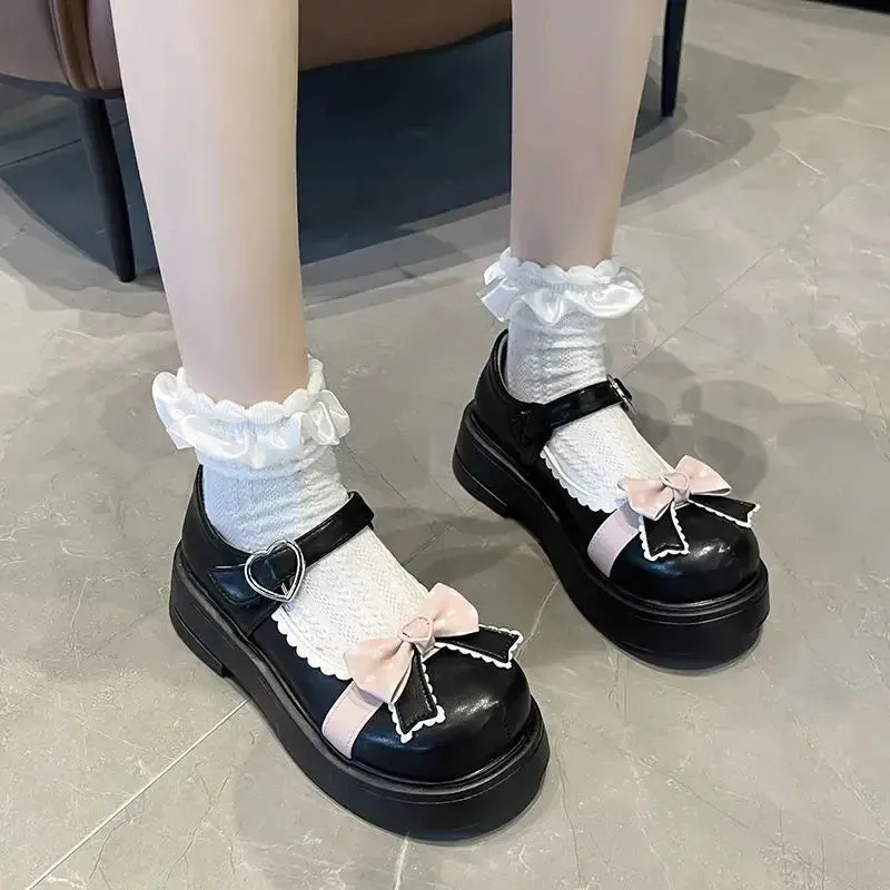 Sohiwoo Original Lolita Shoes Cute Women's Shoes Round Toe Leather Shoes Bow Big Toe Shoes Japanese Lolita Single Shoes