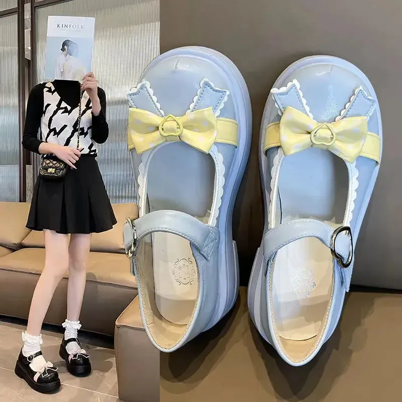 Sohiwoo Original Lolita Shoes Cute Women's Shoes Round Toe Leather Shoes Bow Big Toe Shoes Japanese Lolita Single Shoes