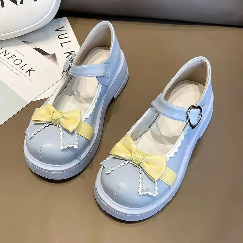 Sohiwoo Original Lolita Shoes Cute Women's Shoes Round Toe Leather Shoes Bow Big Toe Shoes Japanese Lolita Single Shoes