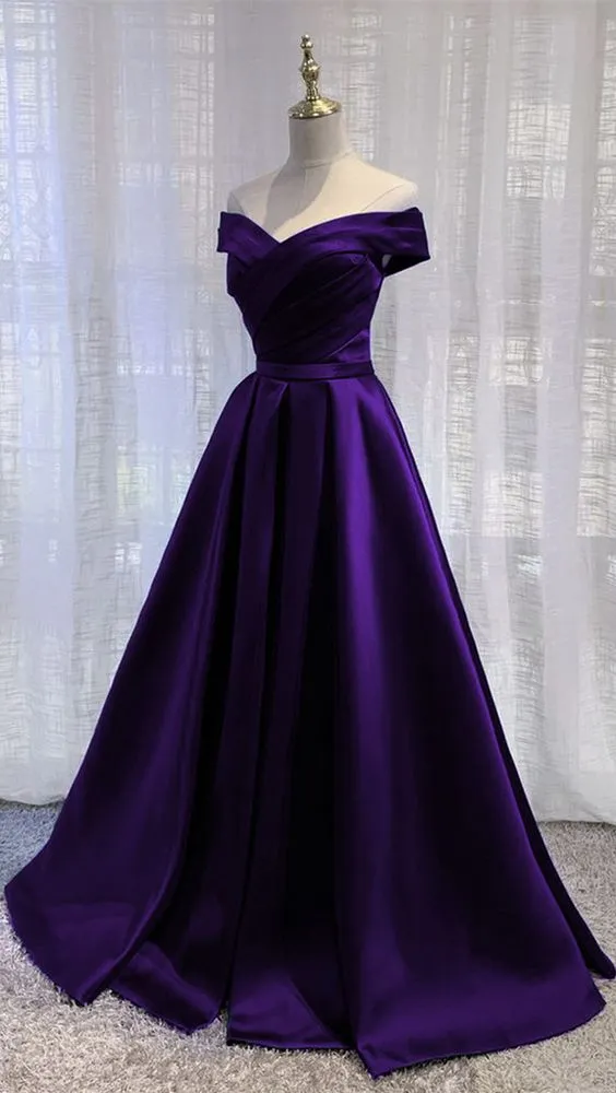 Solvbao Simple Off Shoulder Satin Long Prom Dress, Dark Purple Party Dress Evening Gown