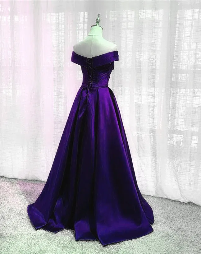 Solvbao Simple Off Shoulder Satin Long Prom Dress, Dark Purple Party Dress Evening Gown