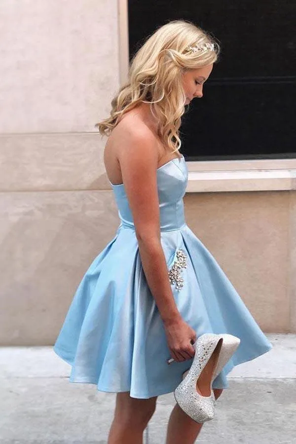 Sweetheart Strapless Sky Blue Short Homecoming/Party Dress with Pockets PD097