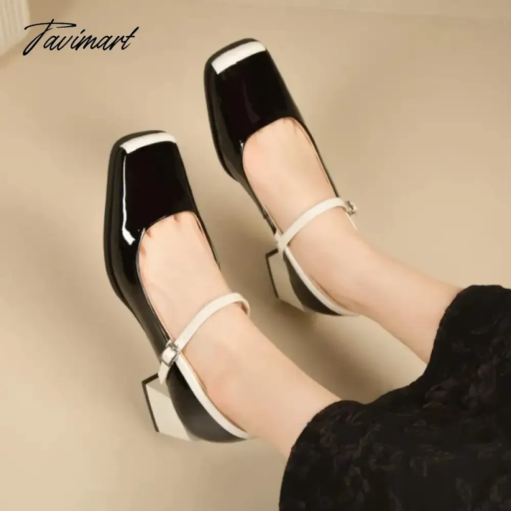 TAVIMART Designer Shoes for Women Pumps Black White Mixed Color Mary Janes Shoes Square Toe Mid Heels Chundky Patent Leather Shoes 1712N