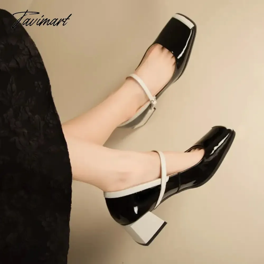 TAVIMART Designer Shoes for Women Pumps Black White Mixed Color Mary Janes Shoes Square Toe Mid Heels Chundky Patent Leather Shoes 1712N