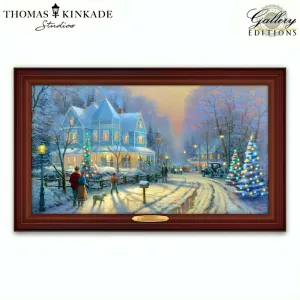 The Bradford Exchange A Holiday Gathering Christmas Decor Illuminated Canvas Print with 8 LED Lights and 80 Color-Changing Fiber Optic Lights and Cherry-Toned Frame Wall Décor by Thomas Kinkade 20-inches