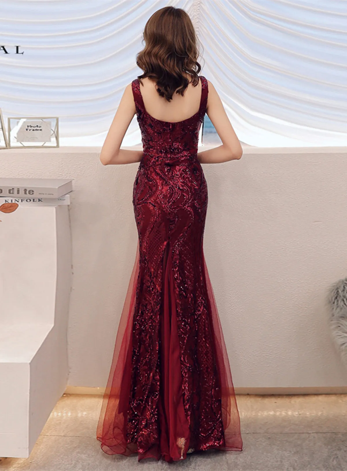 Uniwim 2024 Wine Red Sequins Mermaid Straps Long Party Dress, Wine Red Prom Dress