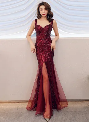 Uniwim 2024 Wine Red Sequins Mermaid Straps Long Party Dress, Wine Red Prom Dress