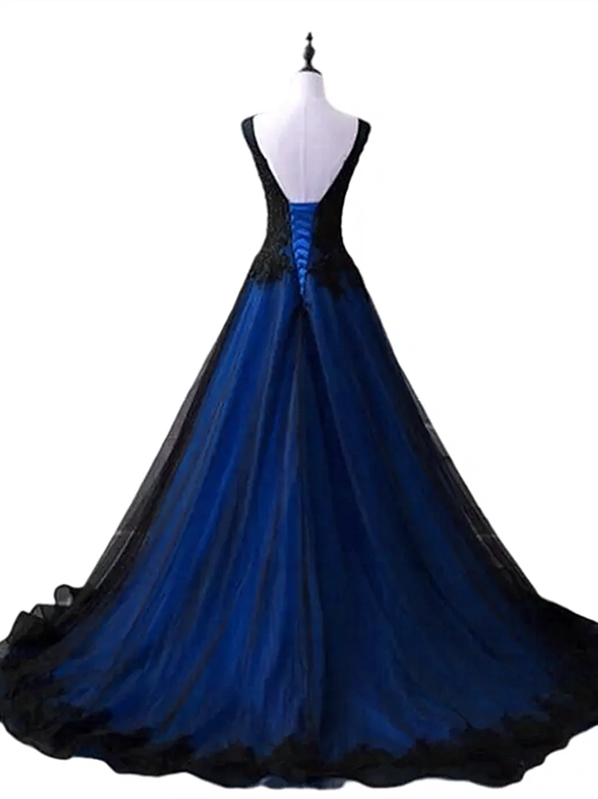 Uniwim Black and Blue V-neckline Lace Applique Long Formal Dress, Black and Blue Prom Dress