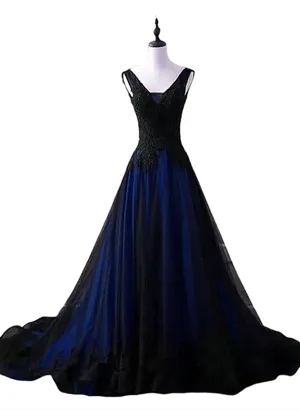 Uniwim Black and Blue V-neckline Lace Applique Long Formal Dress, Black and Blue Prom Dress