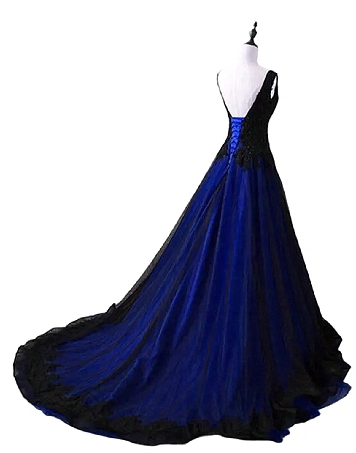 Uniwim Black and Blue V-neckline Lace Applique Long Formal Dress, Black and Blue Prom Dress