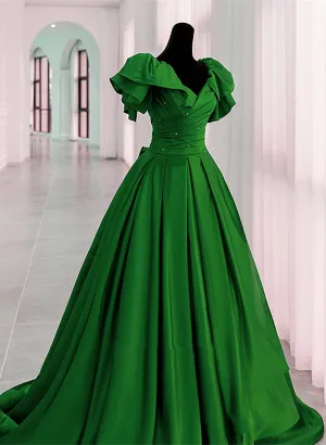 Uniwim Green Satin Off Shoulder Long Party Dress, A-line Green Prom Dress Evening Dress