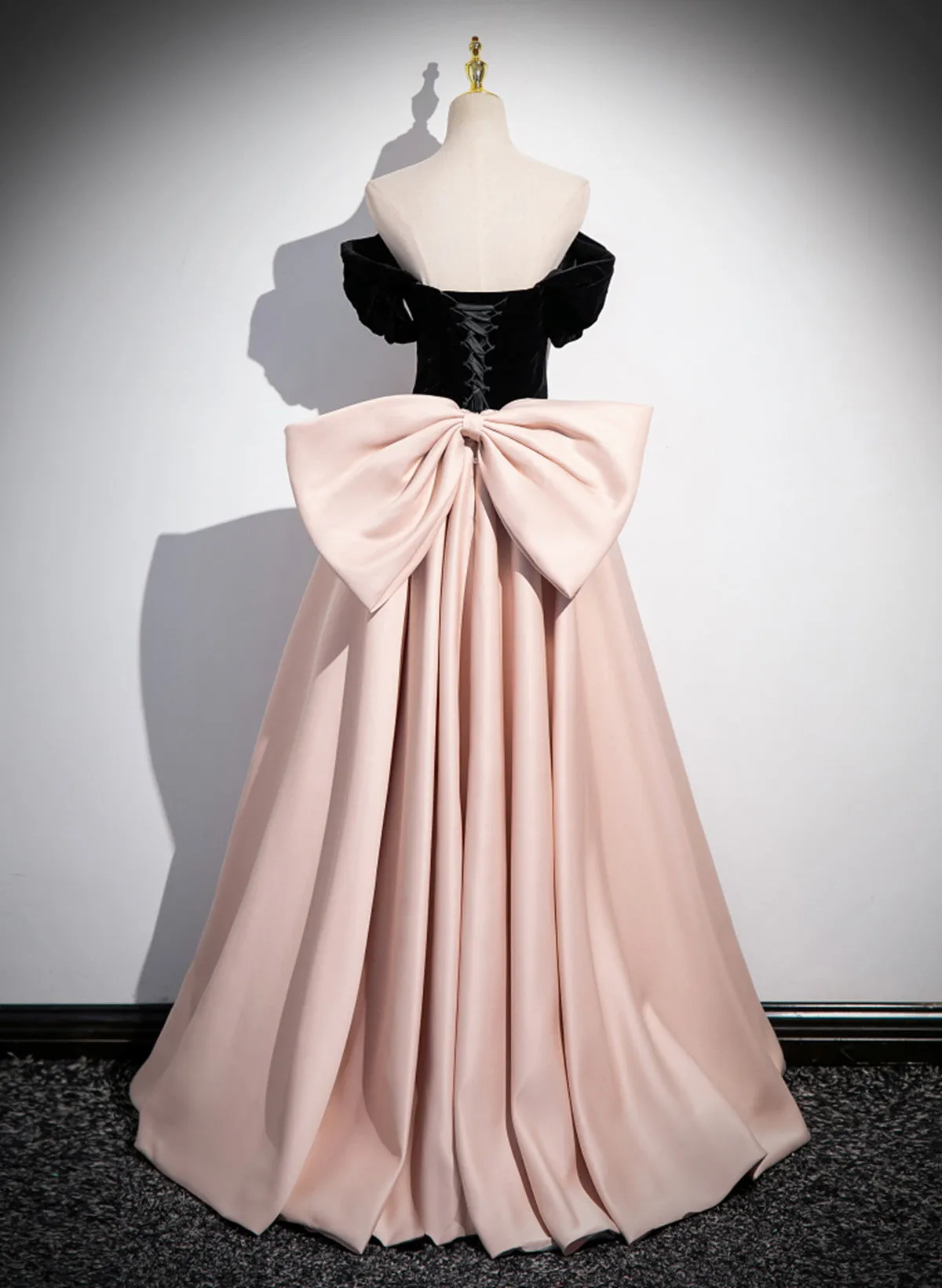 Uniwim Pink and Black Off Shoulder Long Party Dress with Bow, Pink Long Evening Dress