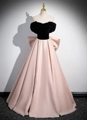 Uniwim Pink and Black Off Shoulder Long Party Dress with Bow, Pink Long Evening Dress