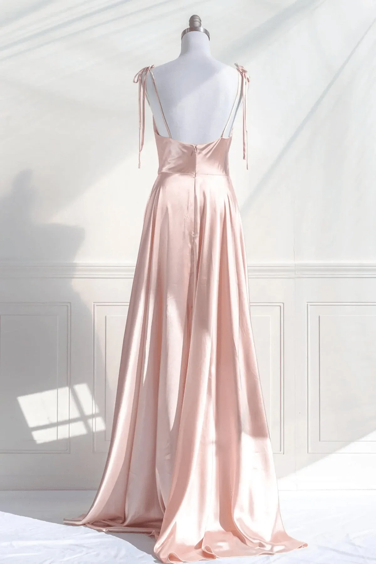 Uniwim Pink Satin Straps Low Back Long Evening Dress, Pink Satin Prom Dress