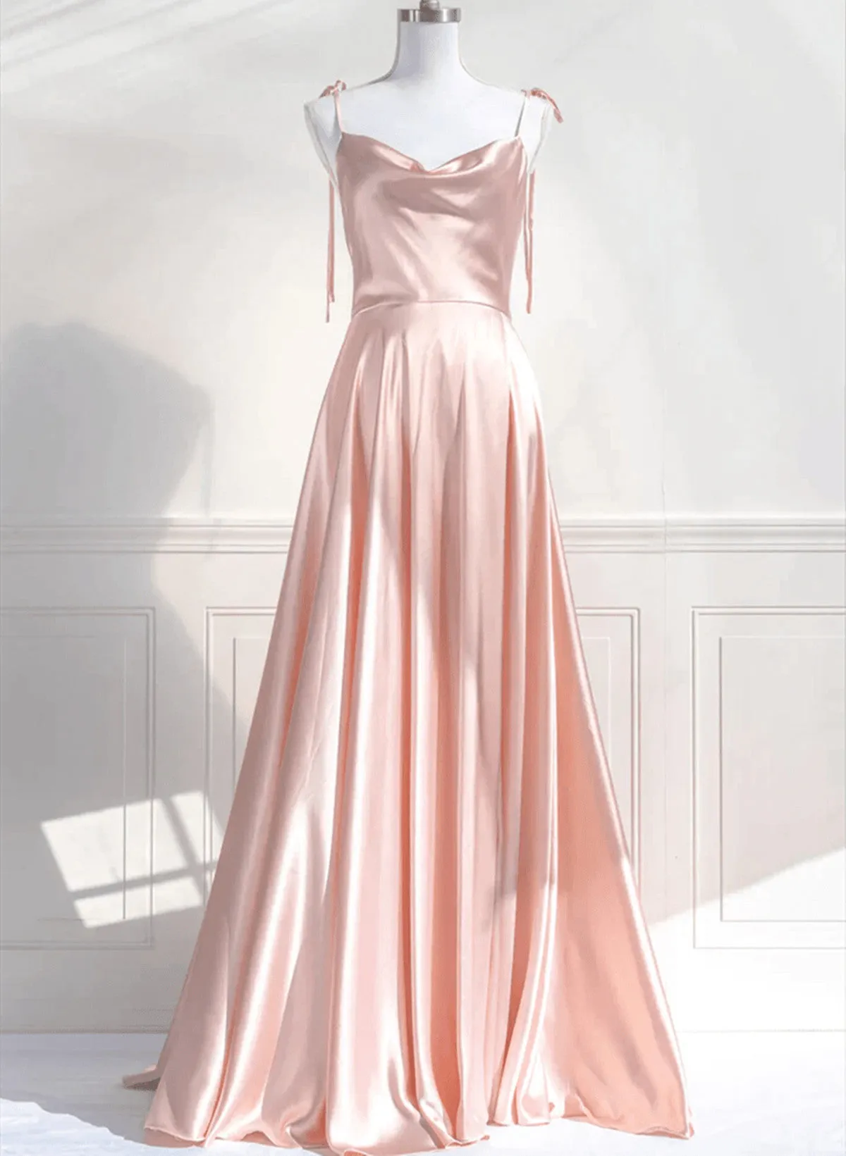 Uniwim Pink Satin Straps Low Back Long Evening Dress, Pink Satin Prom Dress