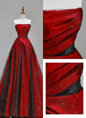 Uniwim Red Satin with Black Tulle Long Party Dress, Red Satin Prom Dress Evening Dress