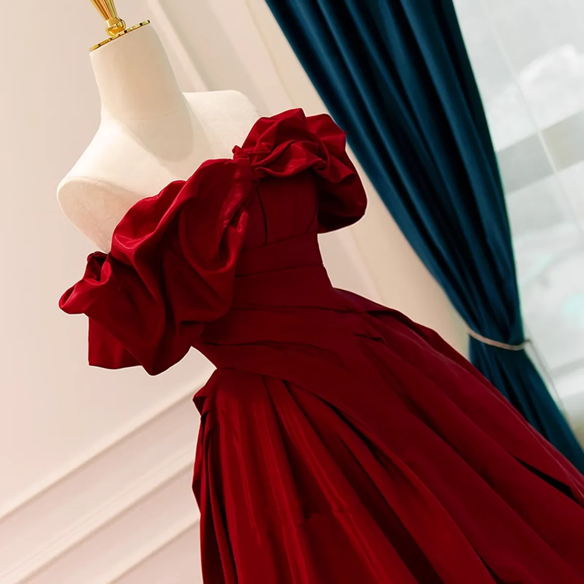 Uniwim Wine Red Satin Off Shoulder Long Party Dress, A-line Wine Red Sweetheart Formal Dress