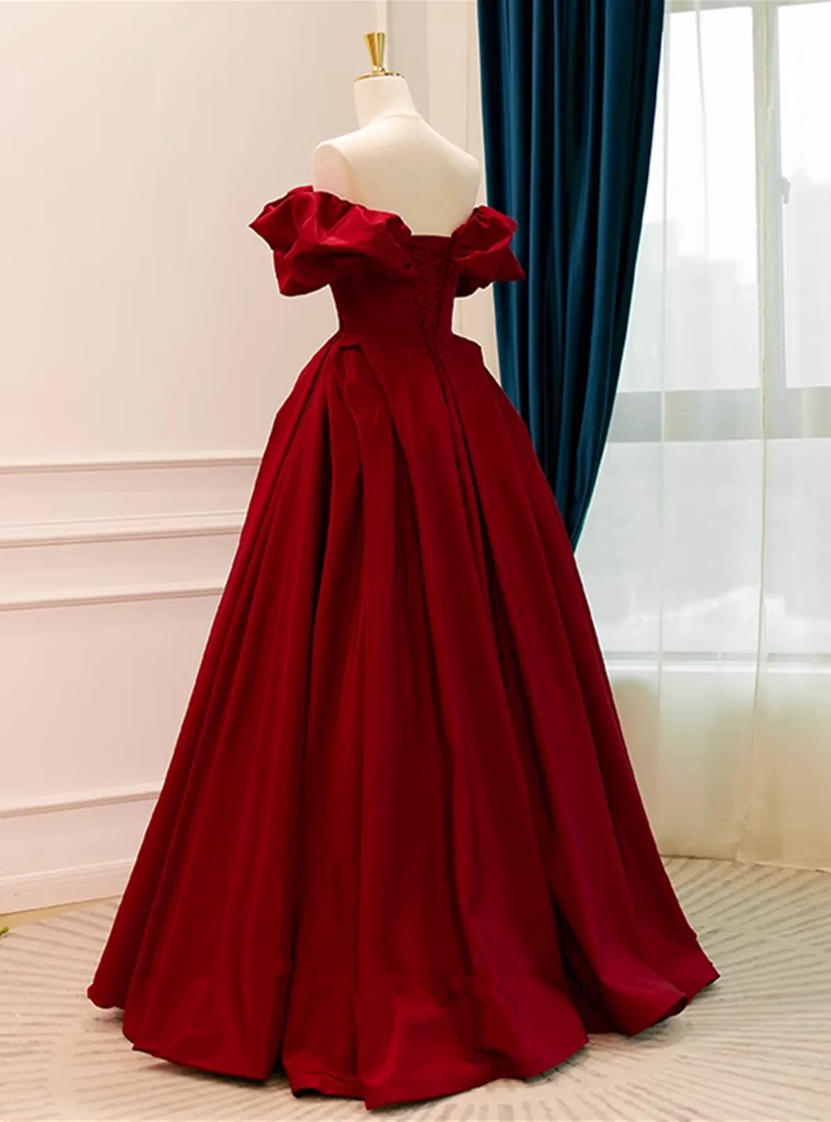 Uniwim Wine Red Satin Off Shoulder Long Party Dress, A-line Wine Red Sweetheart Formal Dress