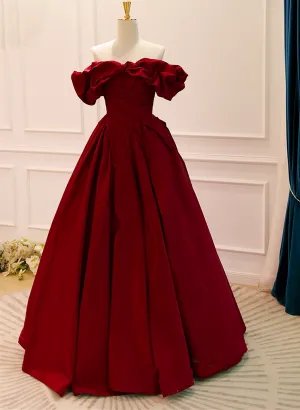 Uniwim Wine Red Satin Off Shoulder Long Party Dress, A-line Wine Red Sweetheart Formal Dress