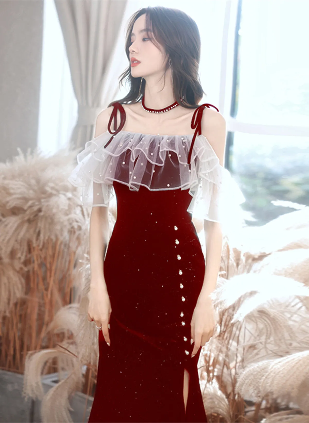 Uniwim Wine Red Velvet Straps Wedding Party Dress, Wine Red Lace-up Evening Dress