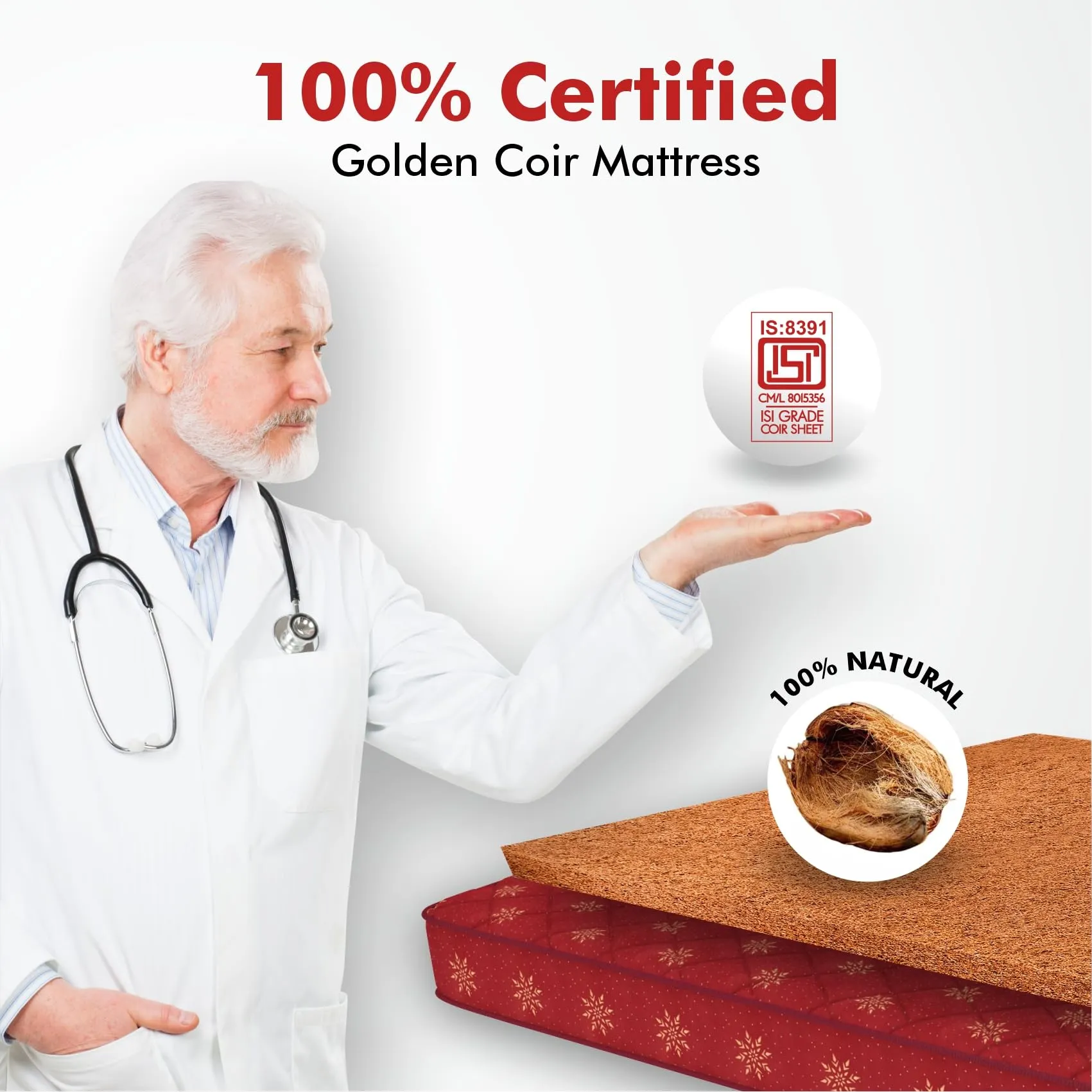 USHA SHRIRAM Resteria ISI Certified at Factory Rate 4-Inch Coir Queen Size Mattress | Natural Golden Fibre| Hypercool Ventillation| Firm Support| for Hot Sleepers|with 5 Year Warranty (L x W : 80X60)