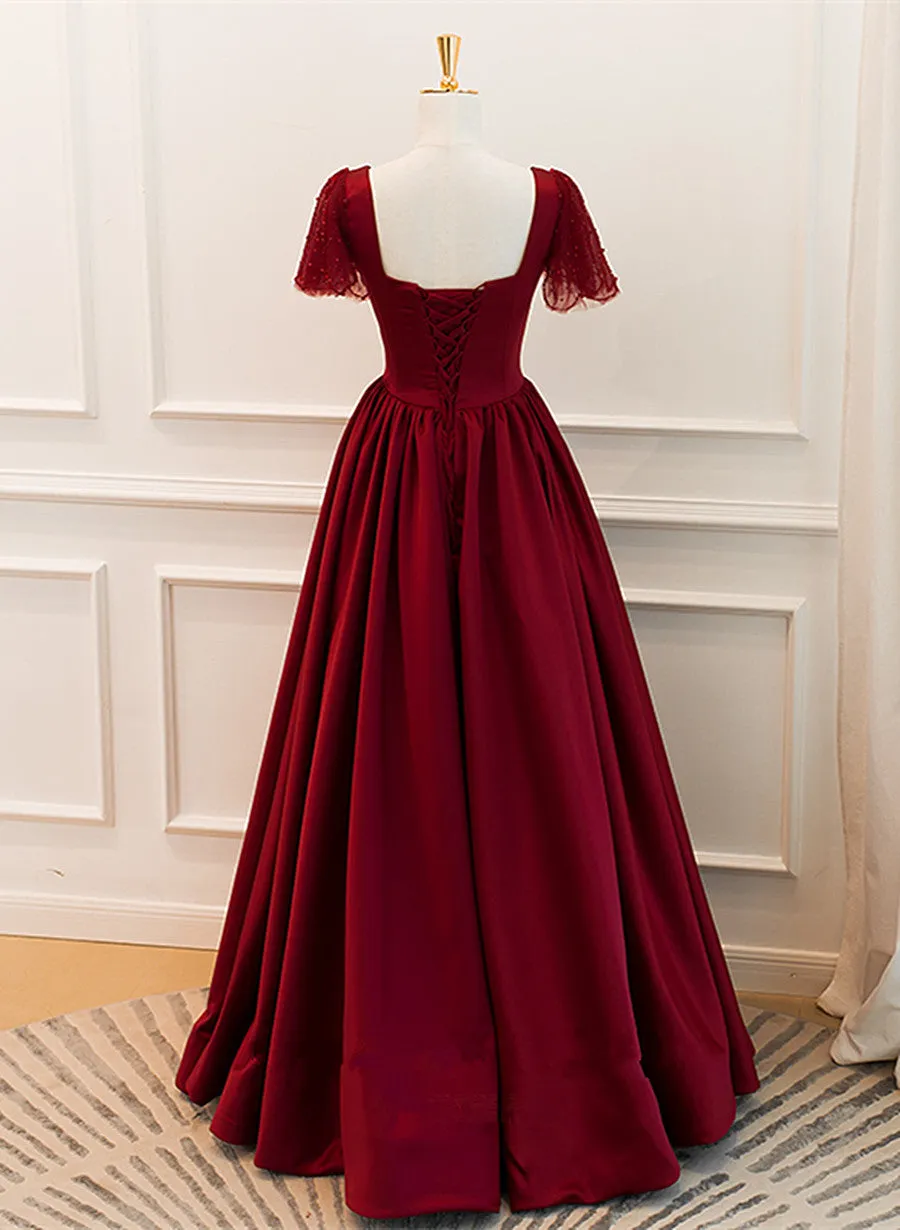 Wine Red Satin A-line Floor Length Party Dress, Wine Red Evening Dress