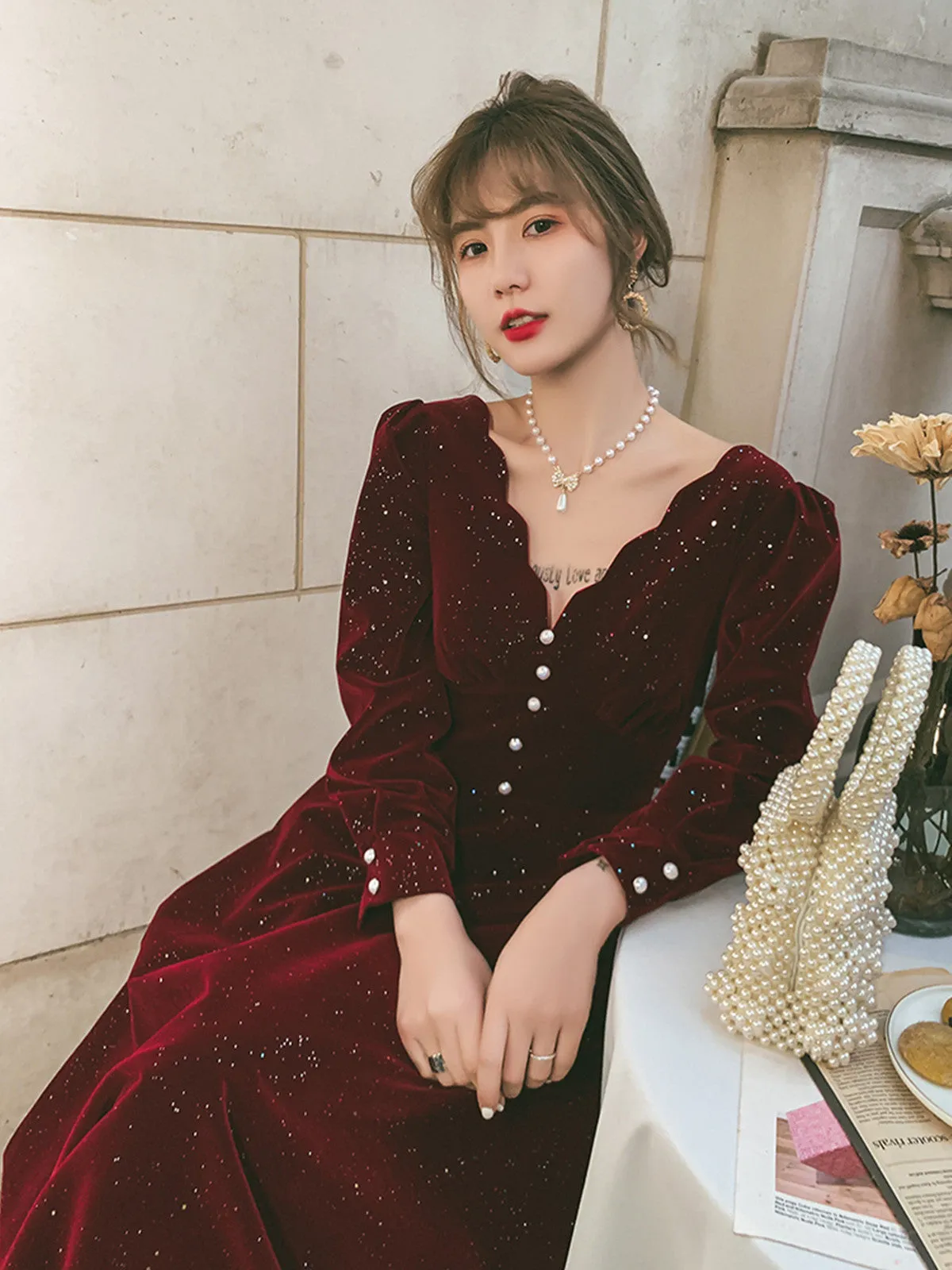 Wine Red Velvet Tea Length Long Sleeves Party Dress, Wine Red Homecoming Dress