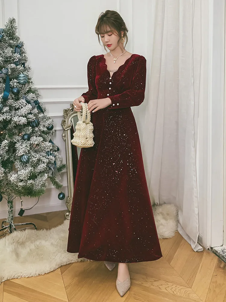 Wine Red Velvet Tea Length Long Sleeves Party Dress, Wine Red Homecoming Dress