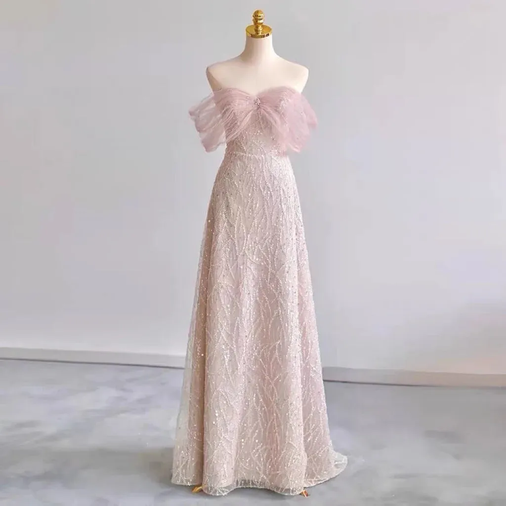 Wjczt Light Pink Bridesmaid Dresses Sweetheart Beading A-line Sequins Elegant Tulle French Style Sleeveless Formal Party Evening Gown