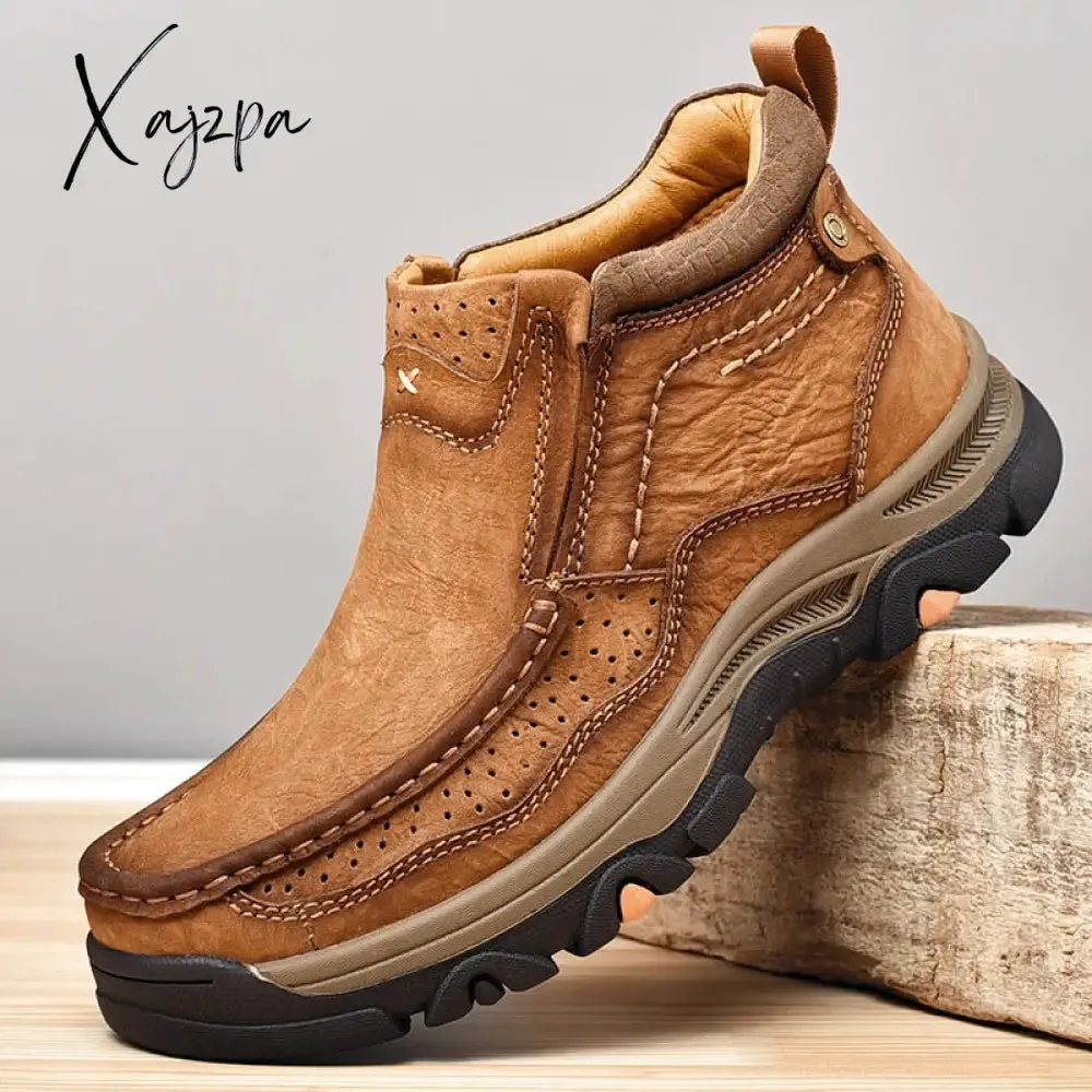 Xajzpa - Men Boots Genuine Leather Rubber Ankle Boots Men Outdoor Hiking Shoes Climbing Shoes 2023 New