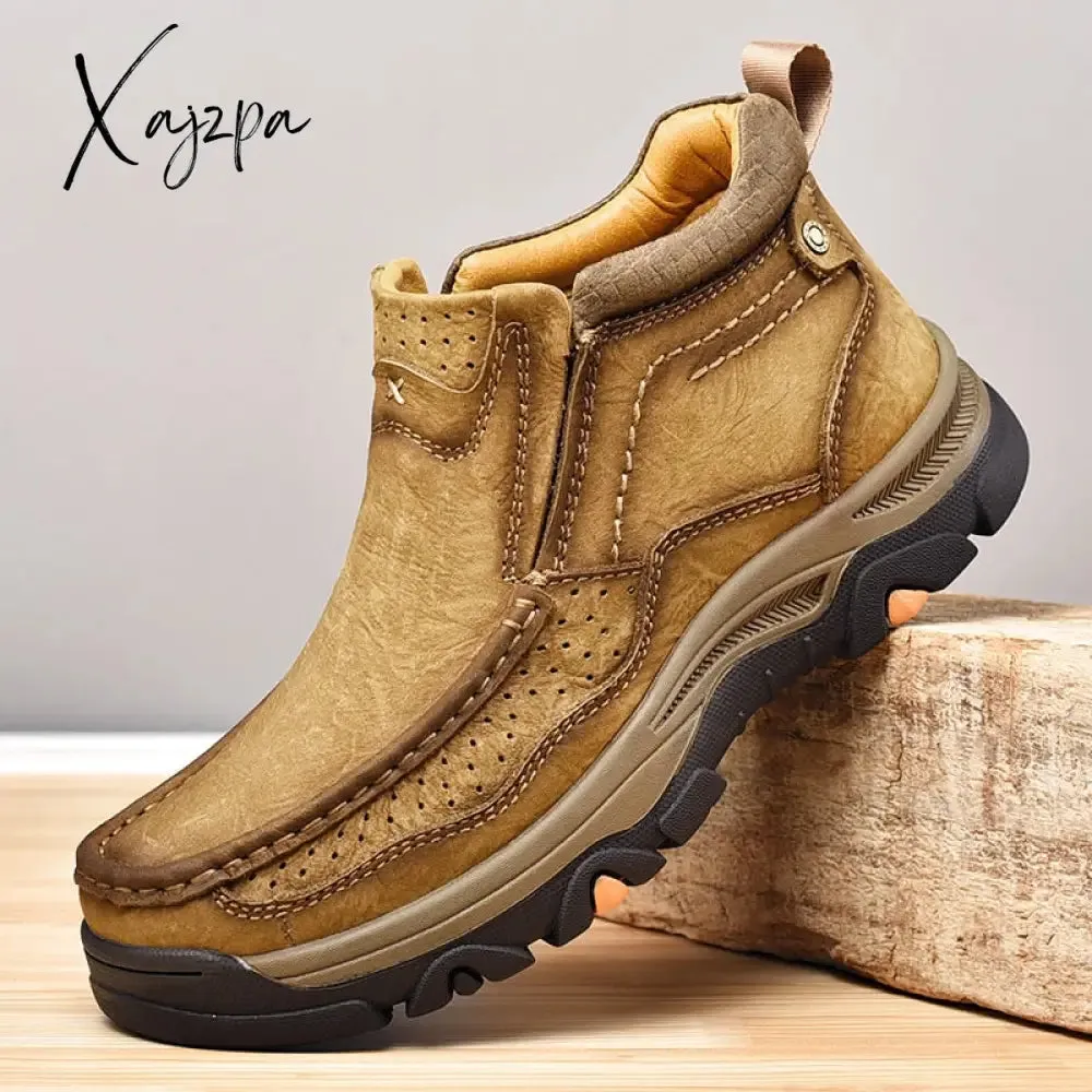 Xajzpa - Men Boots Genuine Leather Rubber Ankle Boots Men Outdoor Hiking Shoes Climbing Shoes 2023 New