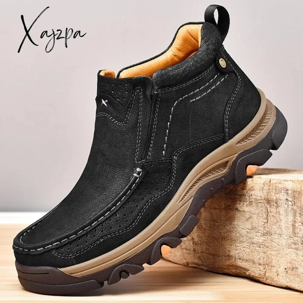 Xajzpa - Men Boots Genuine Leather Rubber Ankle Boots Men Outdoor Hiking Shoes Climbing Shoes 2023 New