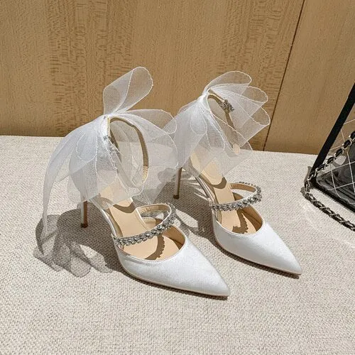 xiangtuibao  Womens Pointy Toe Bow Mesh Stilettos High Heel Rhinestones Crystal Pumps Shoes Wedding Bridal Party Sexy Black White New